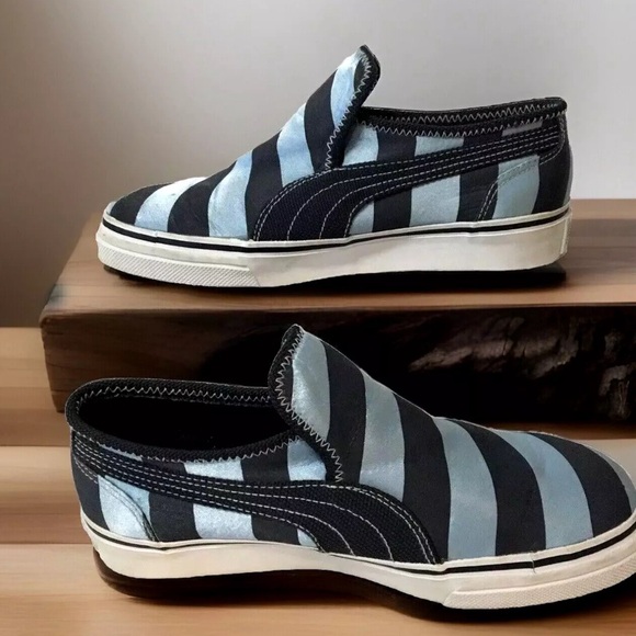 PUMA Slip On Shoes Sneakers Unisex Women 8.5 Men 7 Blue Two Tone Stripes Shiny - Picture 1 of 10